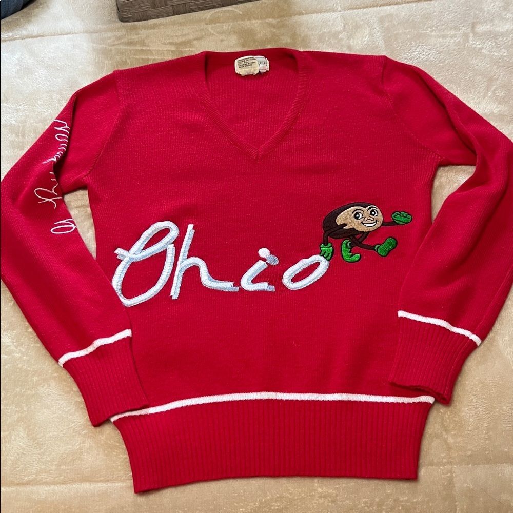 Vintage Lazarus 1950s Ohio State Buckeye Red Embroidered Womens Sweater S RARE